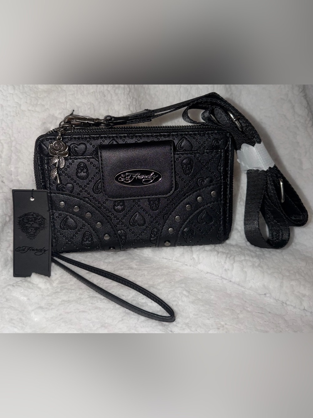 Ed Hardy Black Embossed Wristlet Clutch Crossbody with Stud Accents
